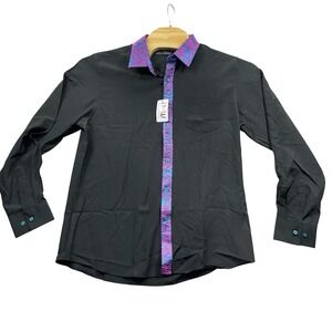 Barry Wang Large NEW Black Paisley Collar Polyester‎ Blend Button Up Shirt